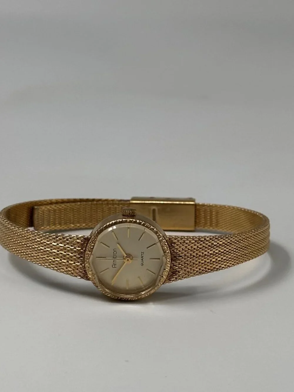 Vintage Armitron Watch Women Gold Tone Small Dial 17MM New Battery 7.5 Inch
